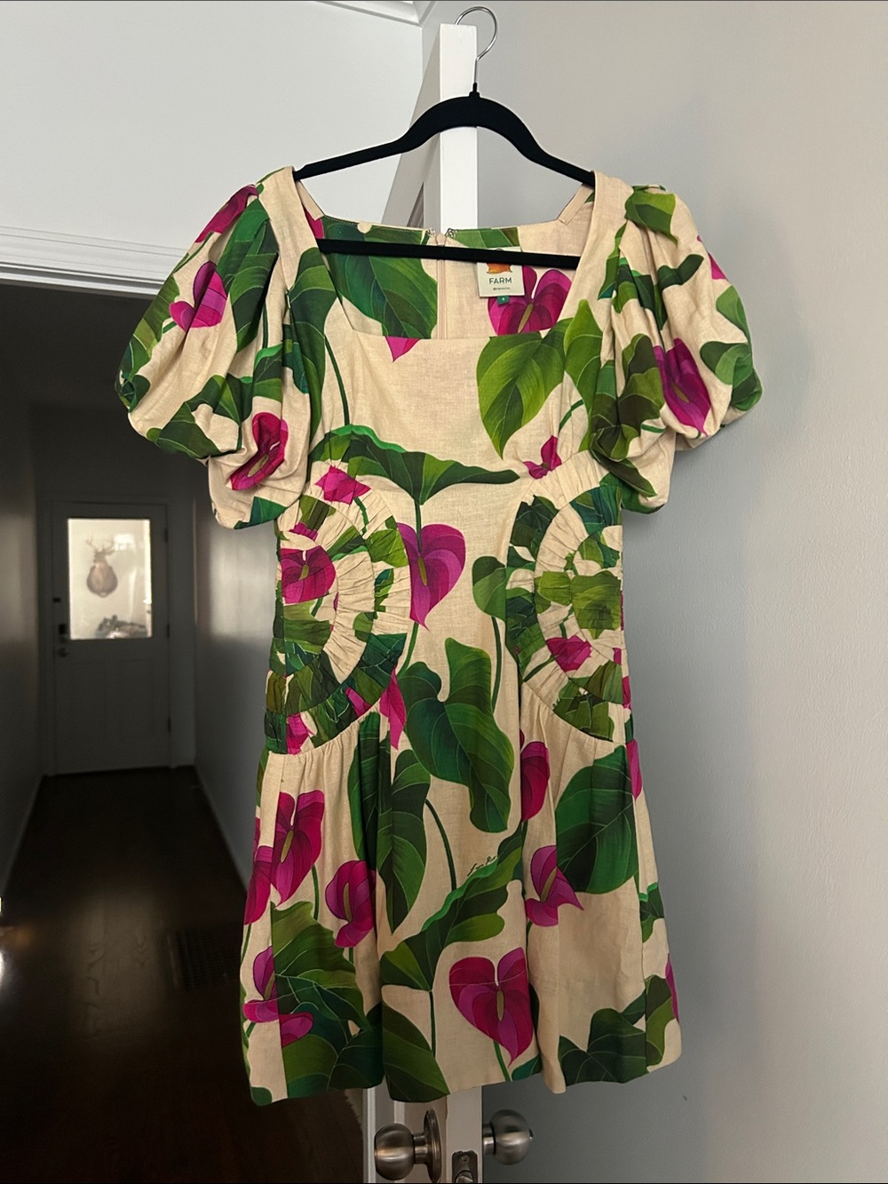 FARM Rio Cream Dress with Green Leaves and Magenta Floral Print